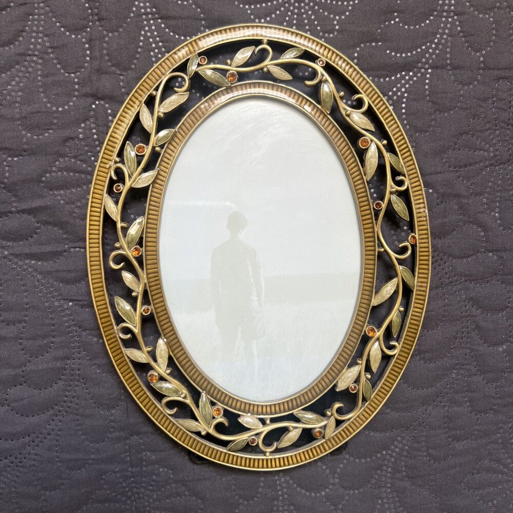 Elsa L Enamel Ornate Floral Vine w/Amber Jeweled Berries 4x6 Oval Photo Frame